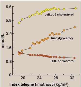 Obr. 16. Vztah indexu tělesné hmotnosti a hladin krevních lipidů (upraveno z Harvey a Ferrier 2011).